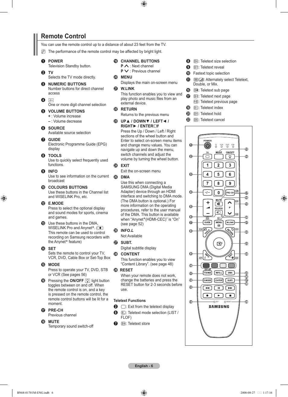 Remote control | Samsung BN68-01701M-00 User Manual | Page 8 / 64