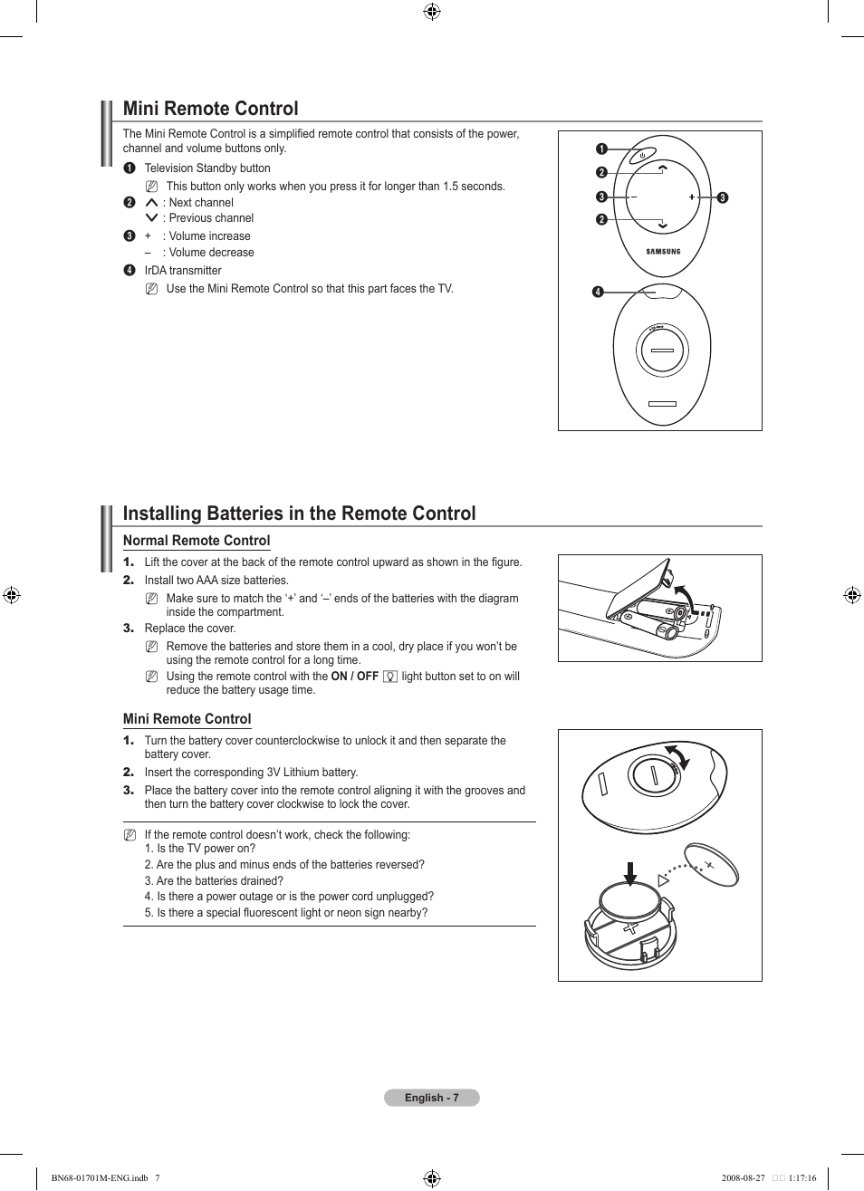 Mini remote control, Installing batteries in the remote control | Samsung BN68-01701M-00 User Manual | Page 9 / 64