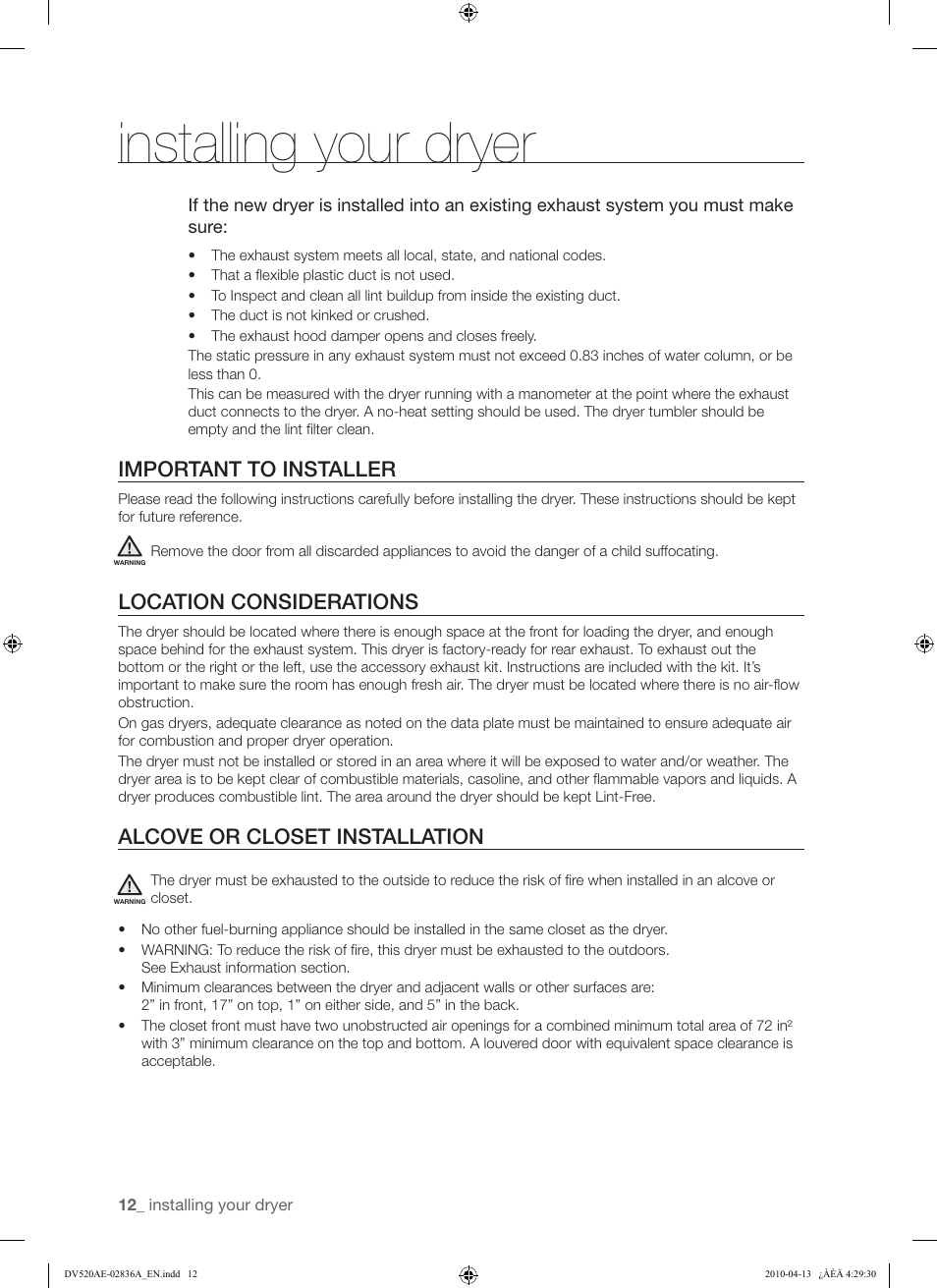 Installing your dryer, Important to installer, Location considerations | Alcove or closet installation | Samsung DV520AE* User Manual | Page 12 / 84
