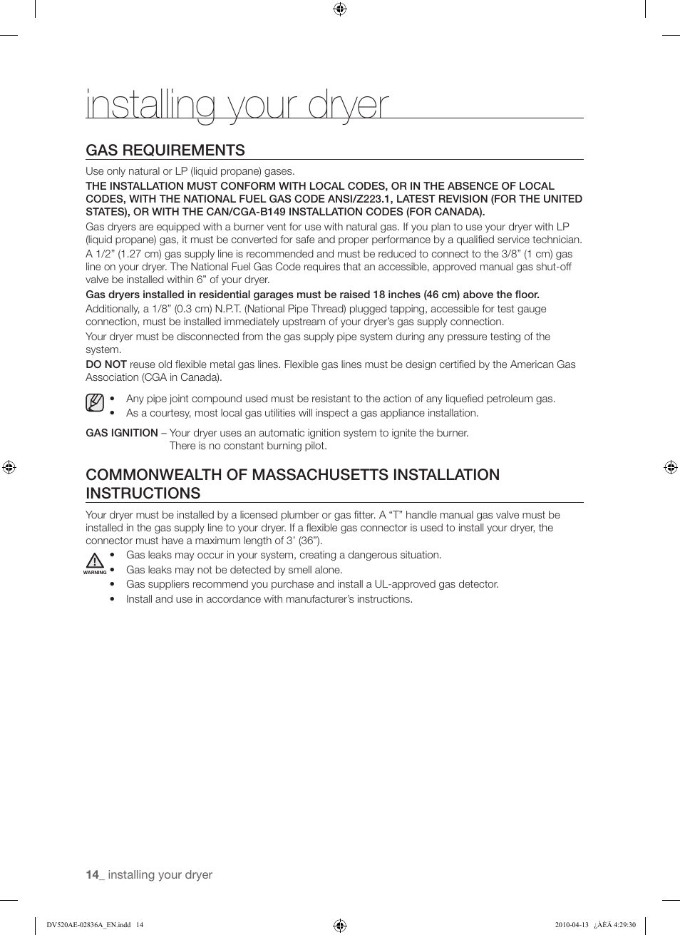 Installing your dryer, Gas requirements | Samsung DV520AE* User Manual | Page 14 / 84