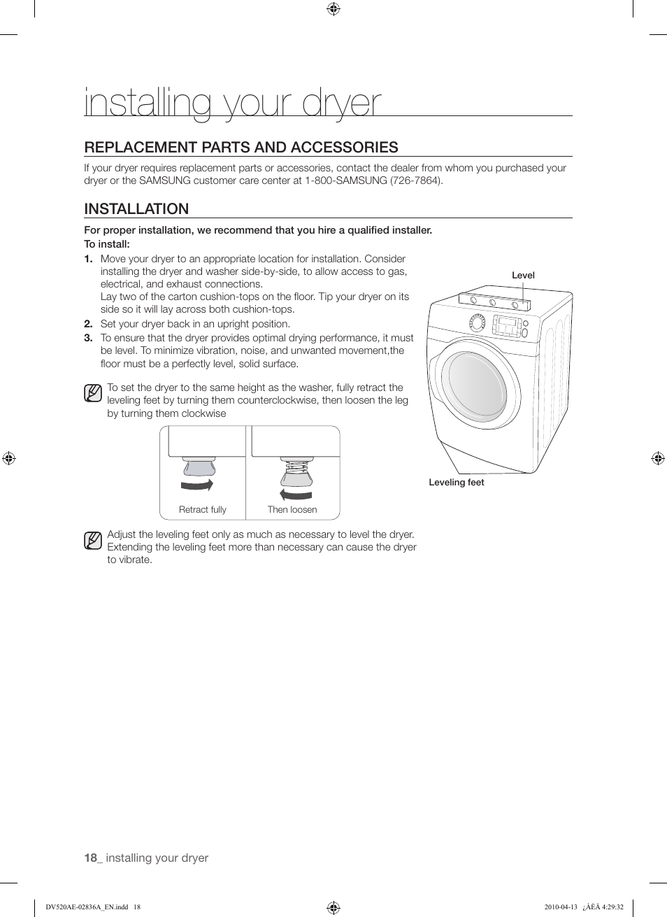 Installing your dryer, Replacement parts and accessories, Installation | Samsung DV520AE* User Manual | Page 18 / 84