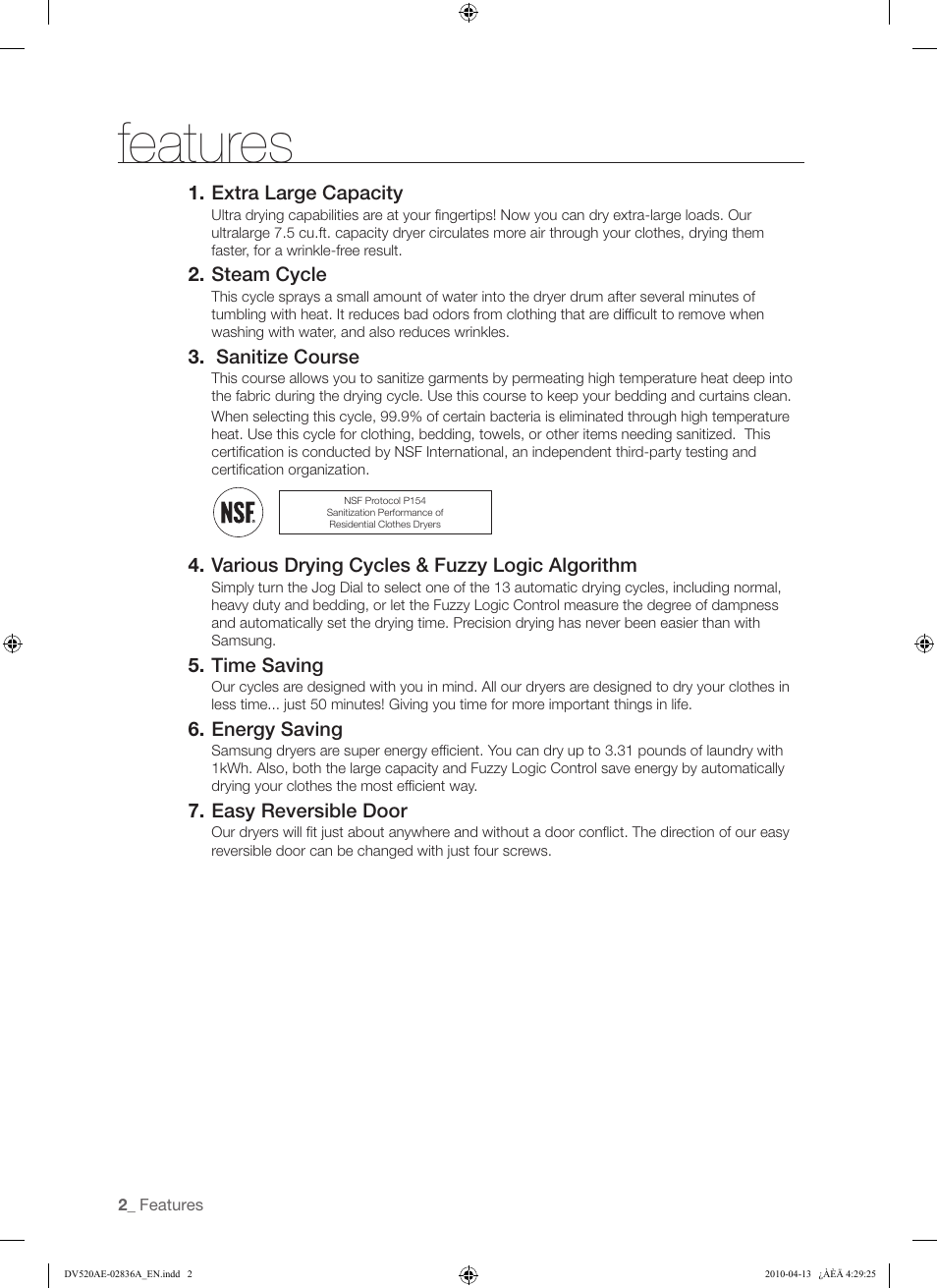 Features | Samsung DV520AE* User Manual | Page 2 / 84