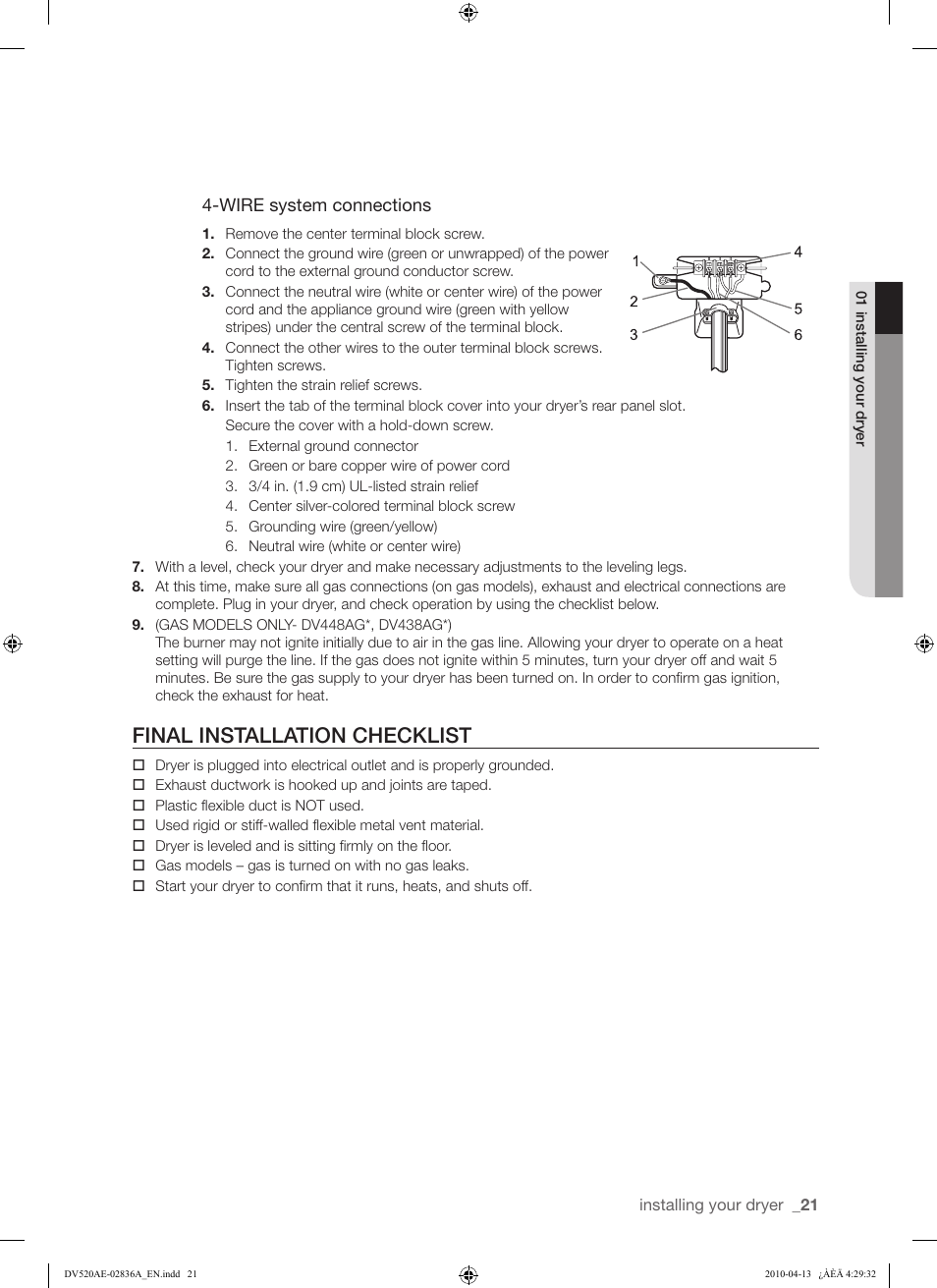Final installation checklist | Samsung DV520AE* User Manual | Page 21 / 84