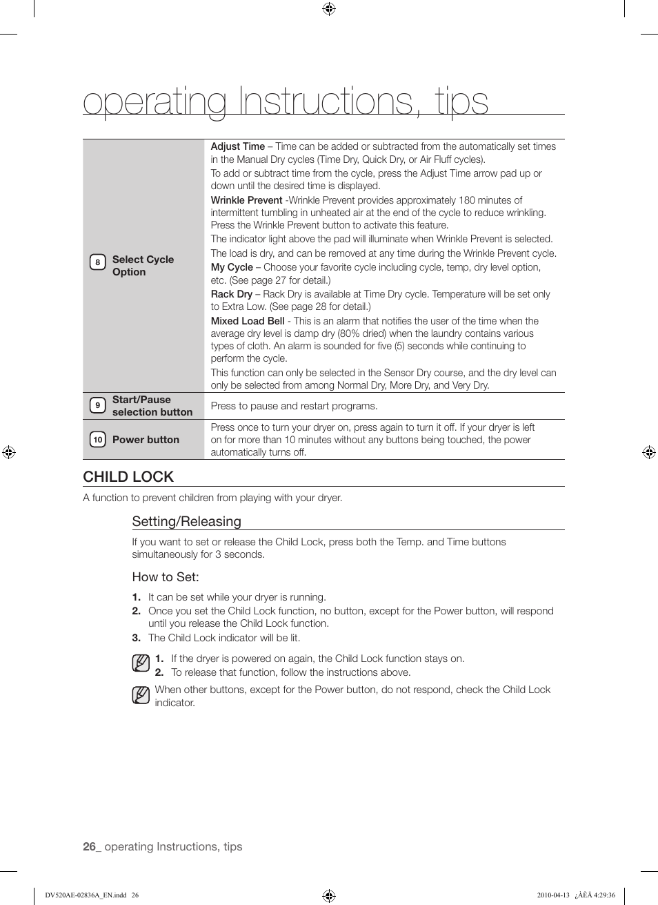 Operating instructions, tips, Child lock, Setting/releasing | Samsung DV520AE* User Manual | Page 26 / 84