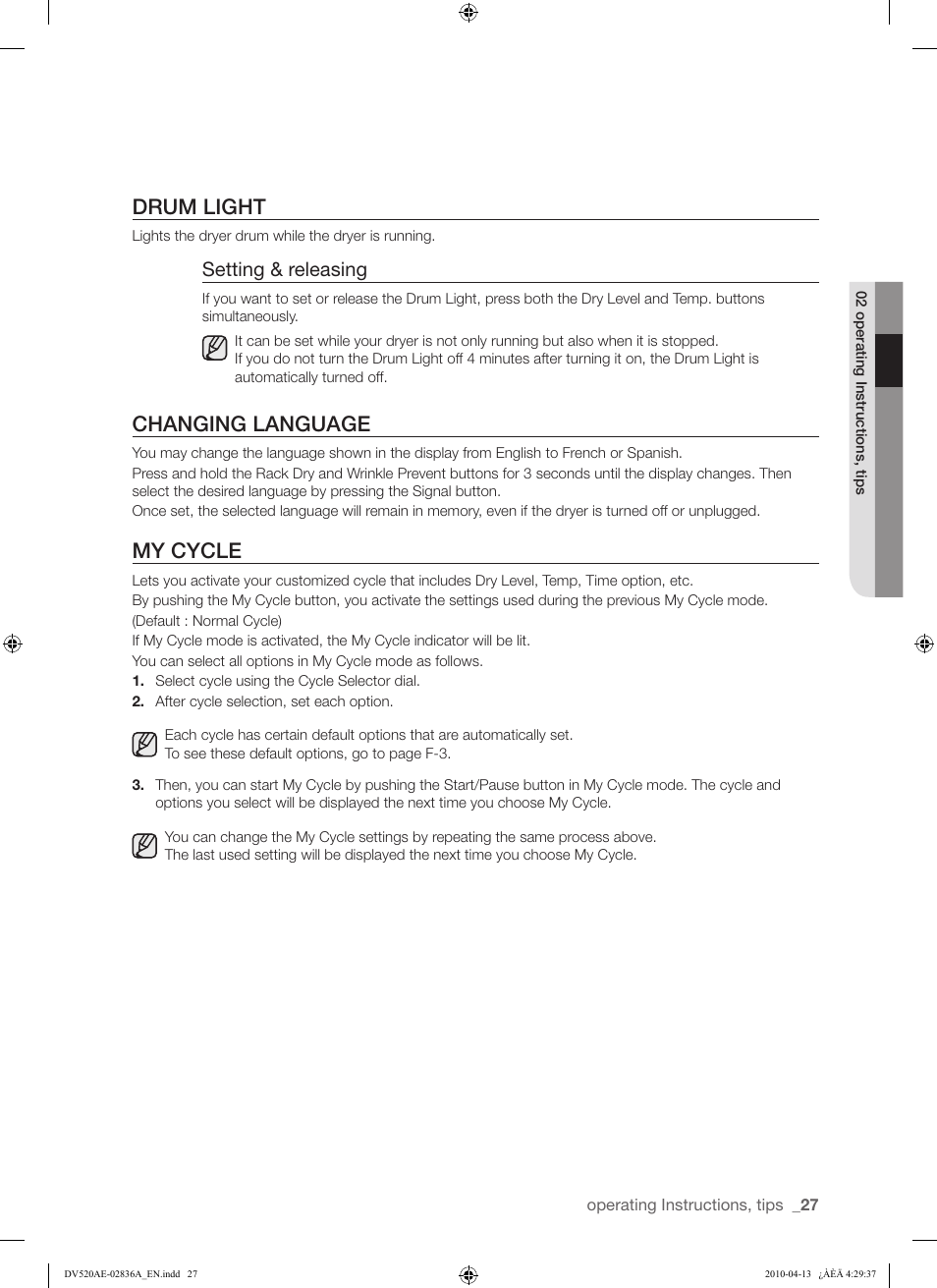 Drum light, Changing language, My cycle | Setting & releasing | Samsung DV520AE* User Manual | Page 27 / 84