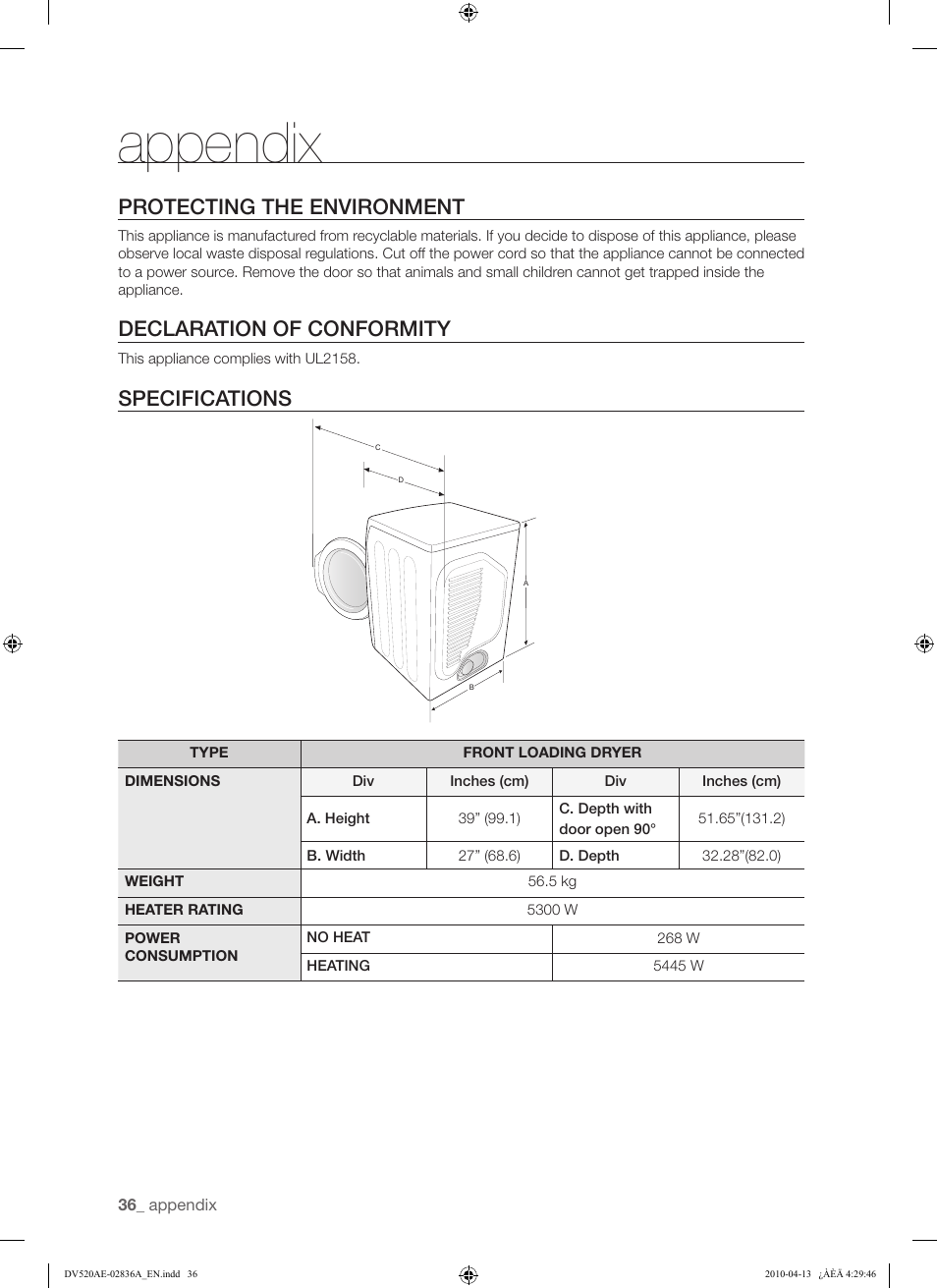 Appendix, Protecting the environment, Declaration of conformity | Specifications | Samsung DV520AE* User Manual | Page 36 / 84