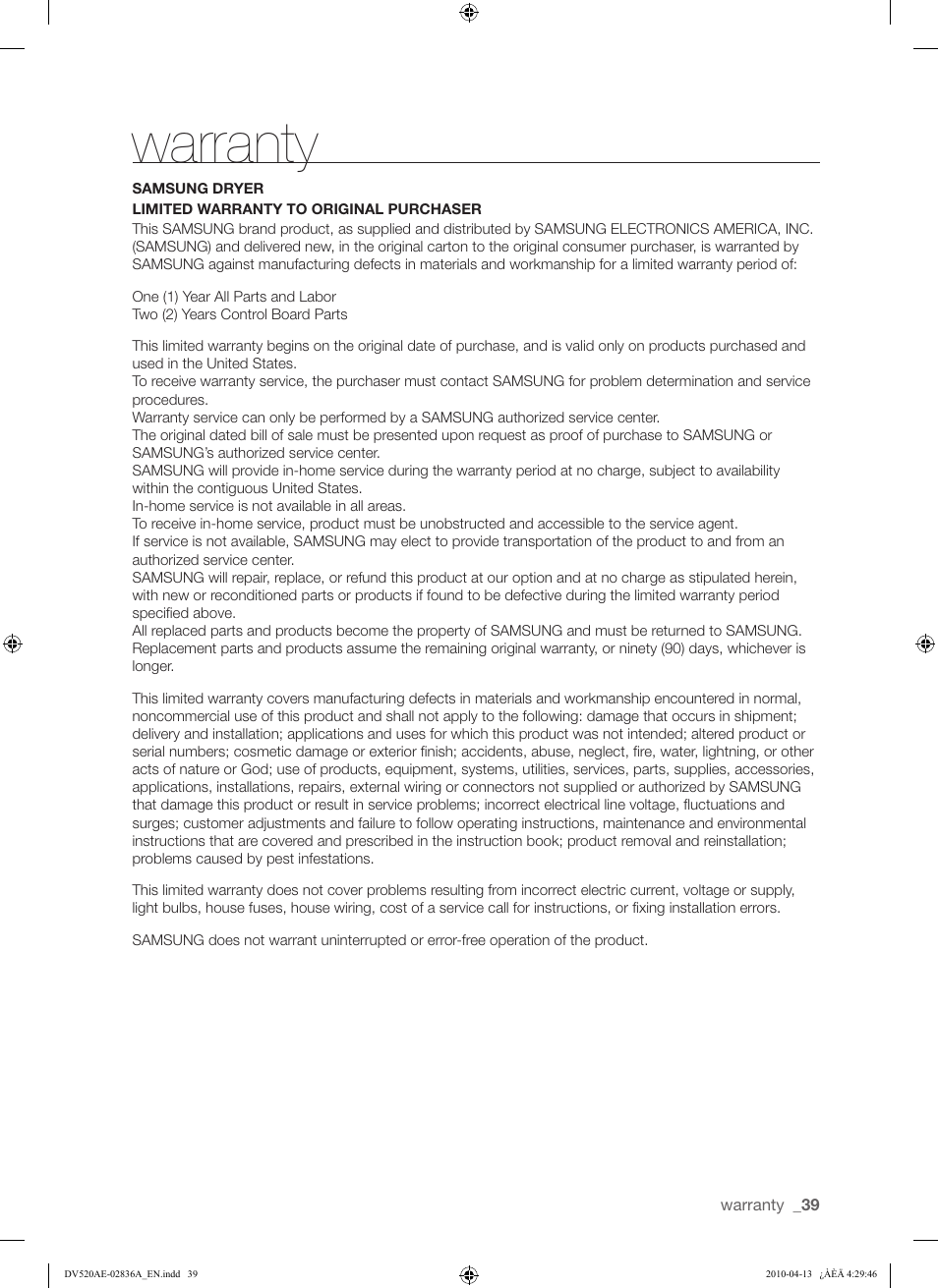 Warranty | Samsung DV520AE* User Manual | Page 39 / 84
