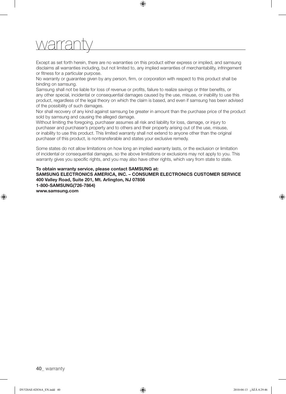Warranty | Samsung DV520AE* User Manual | Page 40 / 84