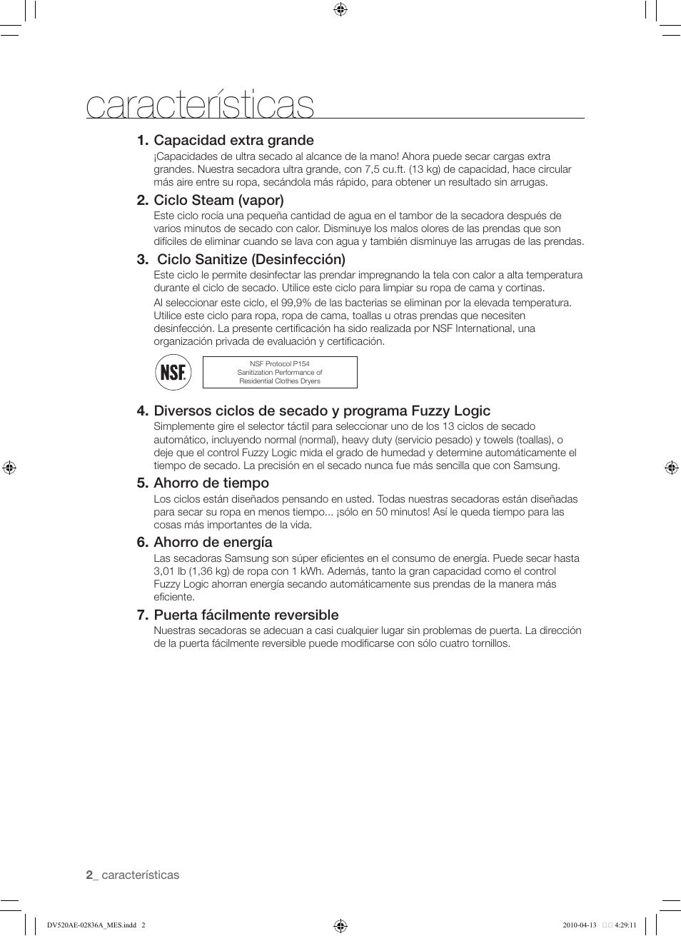 Características | Samsung DV520AE* User Manual | Page 44 / 84