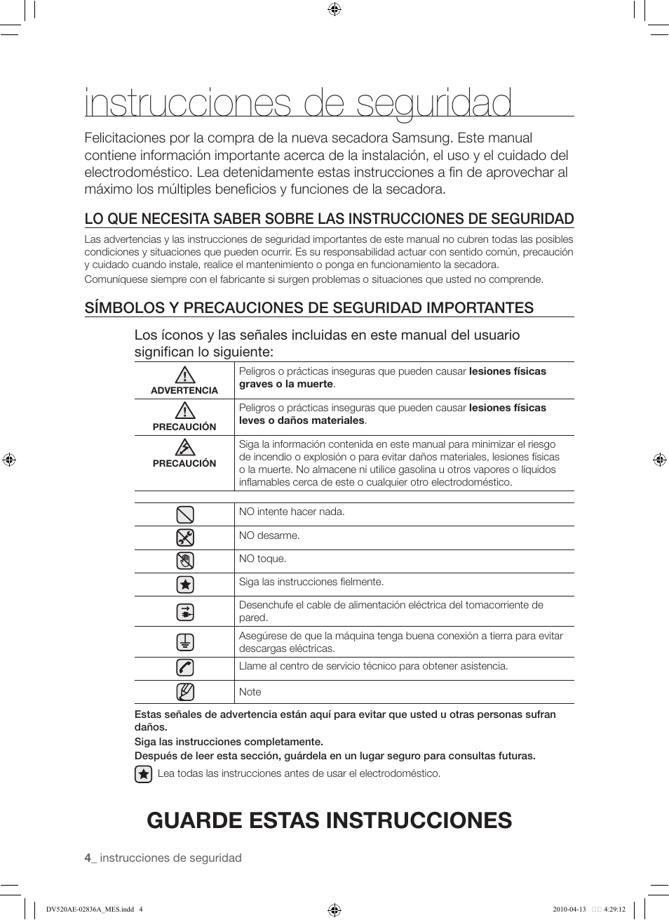 Instrucciones de seguridad, Guarde estas instrucciones, Símbolos y precauciones de seguridad importantes | Samsung DV520AE* User Manual | Page 46 / 84