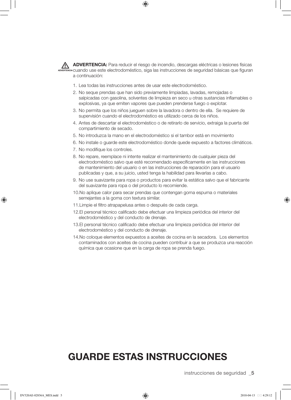 Guarde estas instrucciones | Samsung DV520AE* User Manual | Page 47 / 84