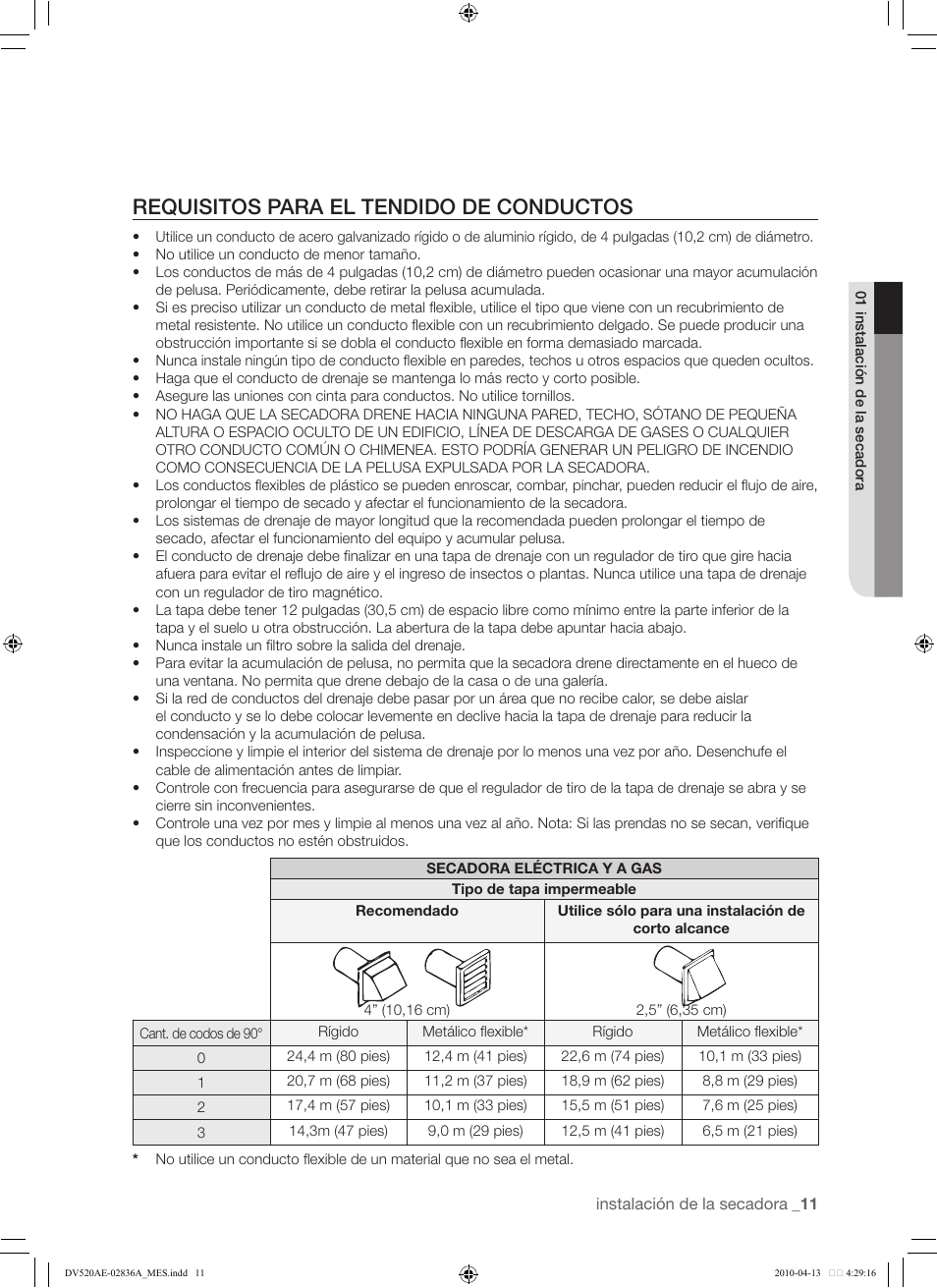 11 requisitos para el tendido de conductos, Requisitos para el tendido de conductos | Samsung DV520AE* User Manual | Page 53 / 84