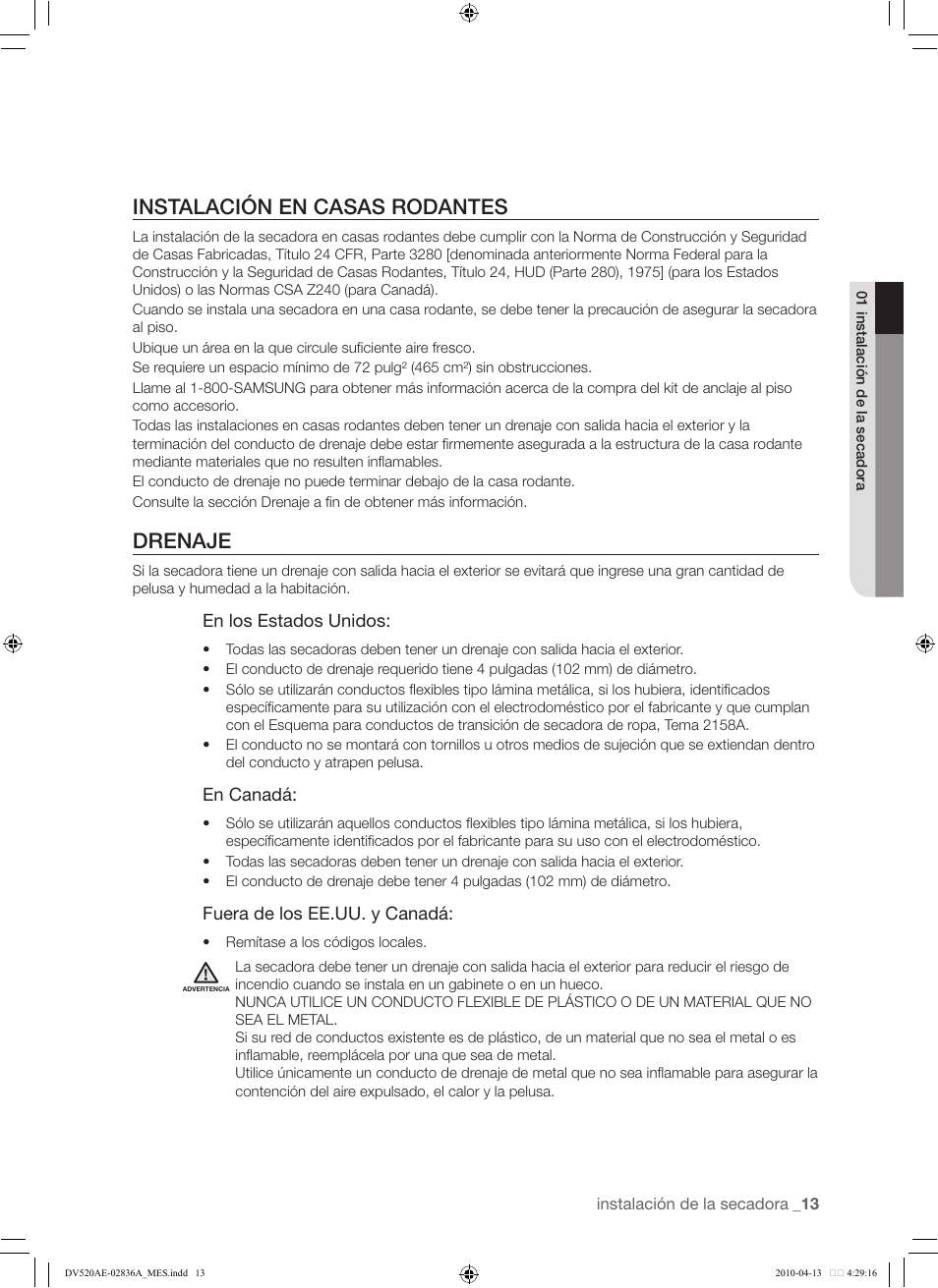 13 instalación en casas rodantes 13 drenaje, Instalación en casas rodantes, Drenaje | Samsung DV520AE* User Manual | Page 55 / 84