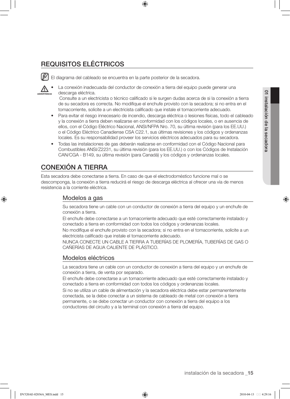 15 requisitos eléctricos 15 conexión a tierra, Requisitos eléctricos, Conexión a tierra | Modelos a gas, Modelos eléctricos | Samsung DV520AE* User Manual | Page 57 / 84