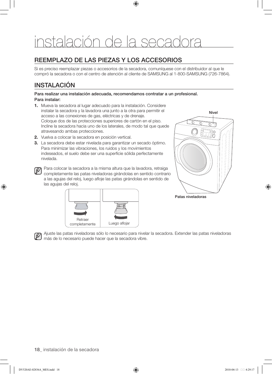 Instalación de la secadora, Reemplazo de las piezas y los accesorios, Instalación | Samsung DV520AE* User Manual | Page 60 / 84