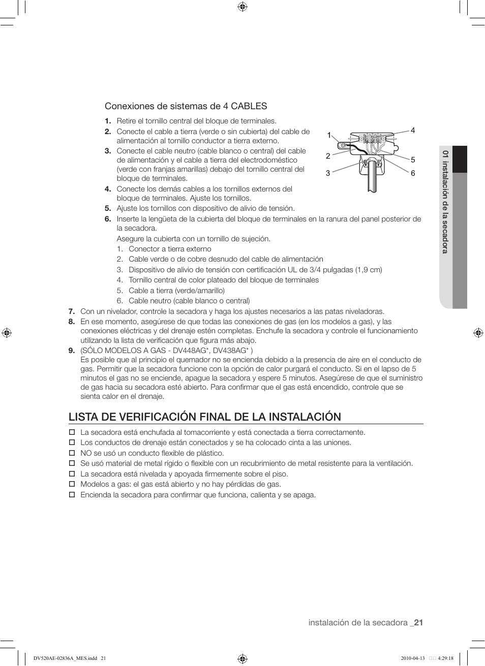 21 lista de verificación final de la instalación, Lista de verificación final de la instalación | Samsung DV520AE* User Manual | Page 63 / 84