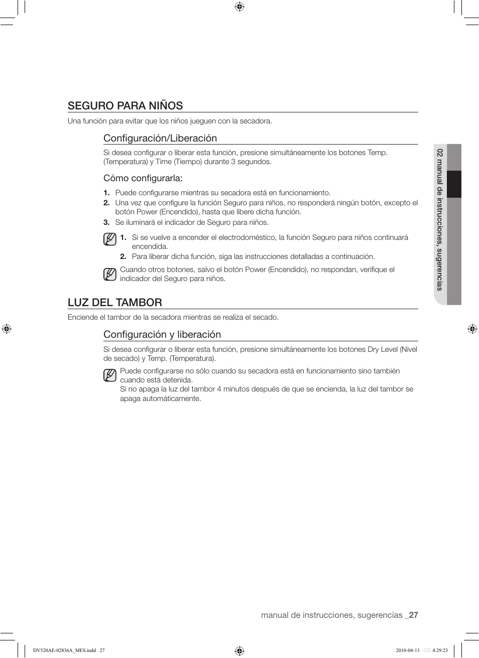 27 seguro para niños 27 luz del tambor, Seguro para niños, Luz del tambor | Configuración/liberación, Configuración y liberación | Samsung DV520AE* User Manual | Page 69 / 84