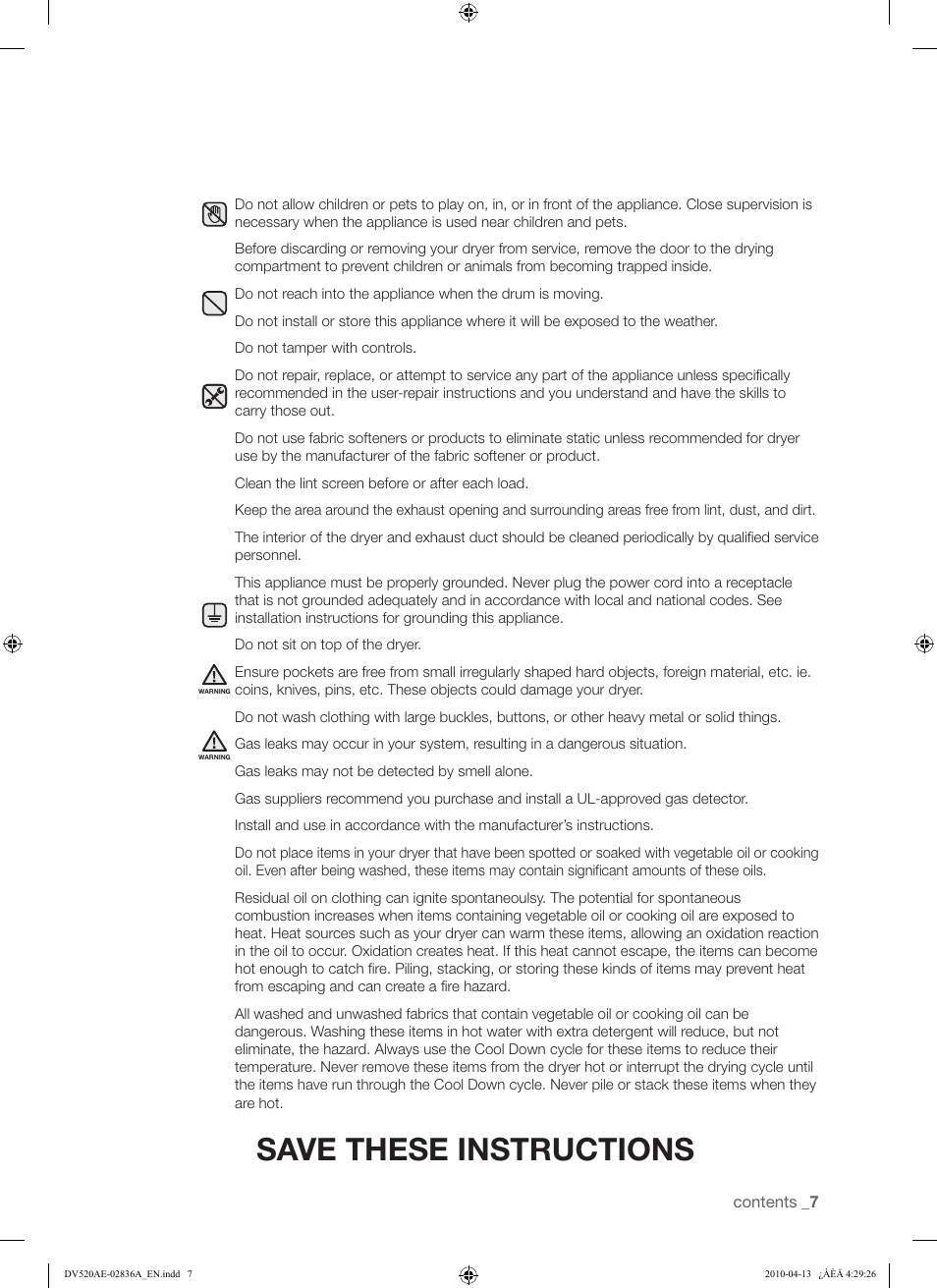 Save these instructions | Samsung DV520AE* User Manual | Page 7 / 84