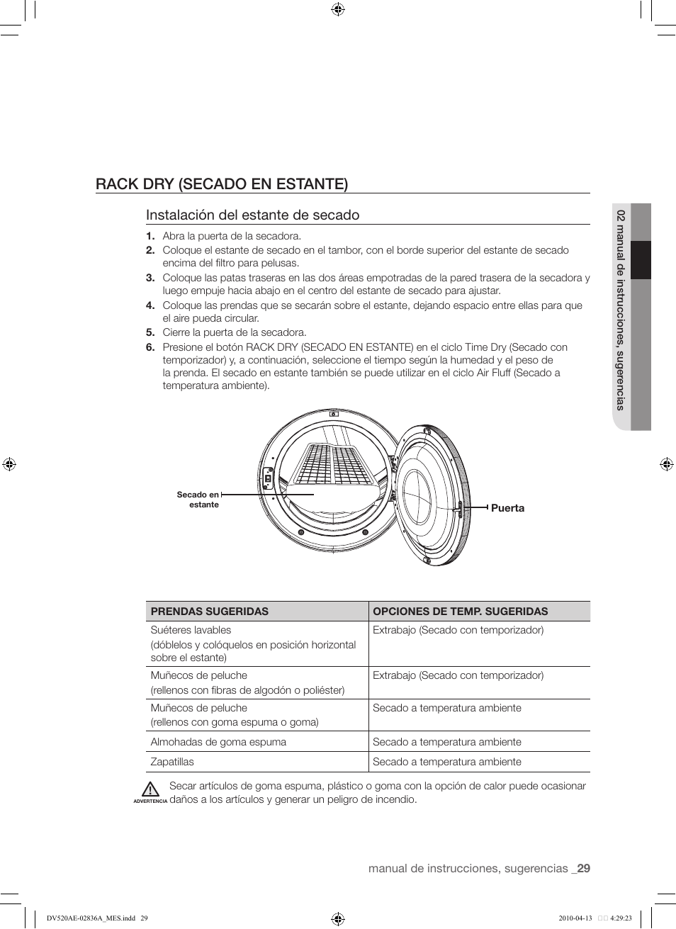 29 rack dry (secado en estante), Rack dry (secado en estante), Instalación del estante de secado | Samsung DV520AE* User Manual | Page 71 / 84