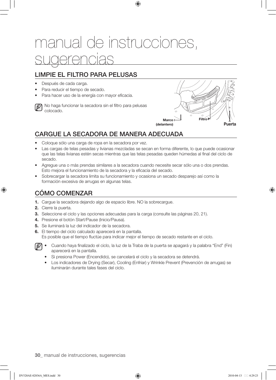 Manual de instrucciones, sugerencias | Samsung DV520AE* User Manual | Page 72 / 84