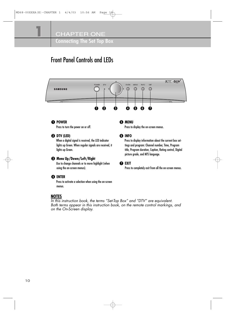 Front panel controls and leds, Chapter one connecting the set top box | Samsung SIR-T351 User Manual | Page 10 / 51