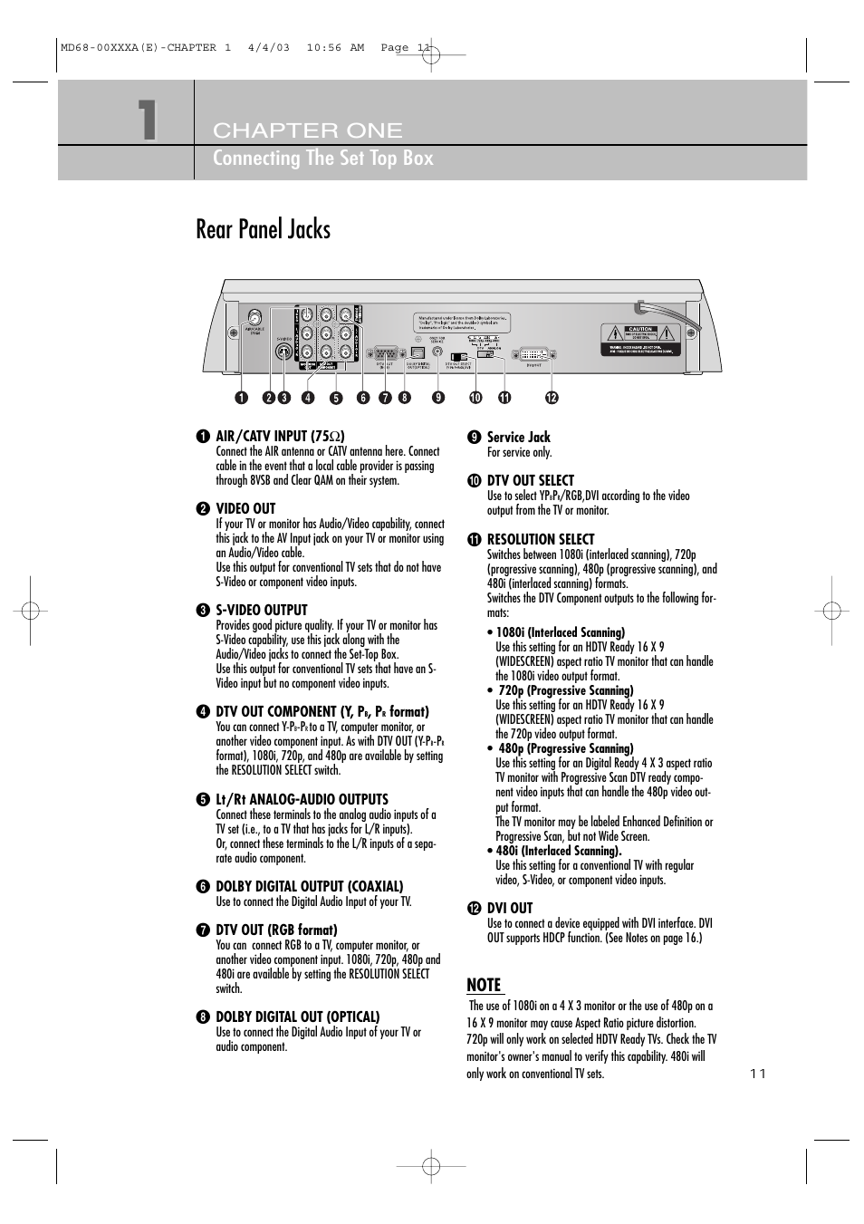 Rear panel jacks, Chapter one connecting the set top box | Samsung SIR-T351 User Manual | Page 11 / 51