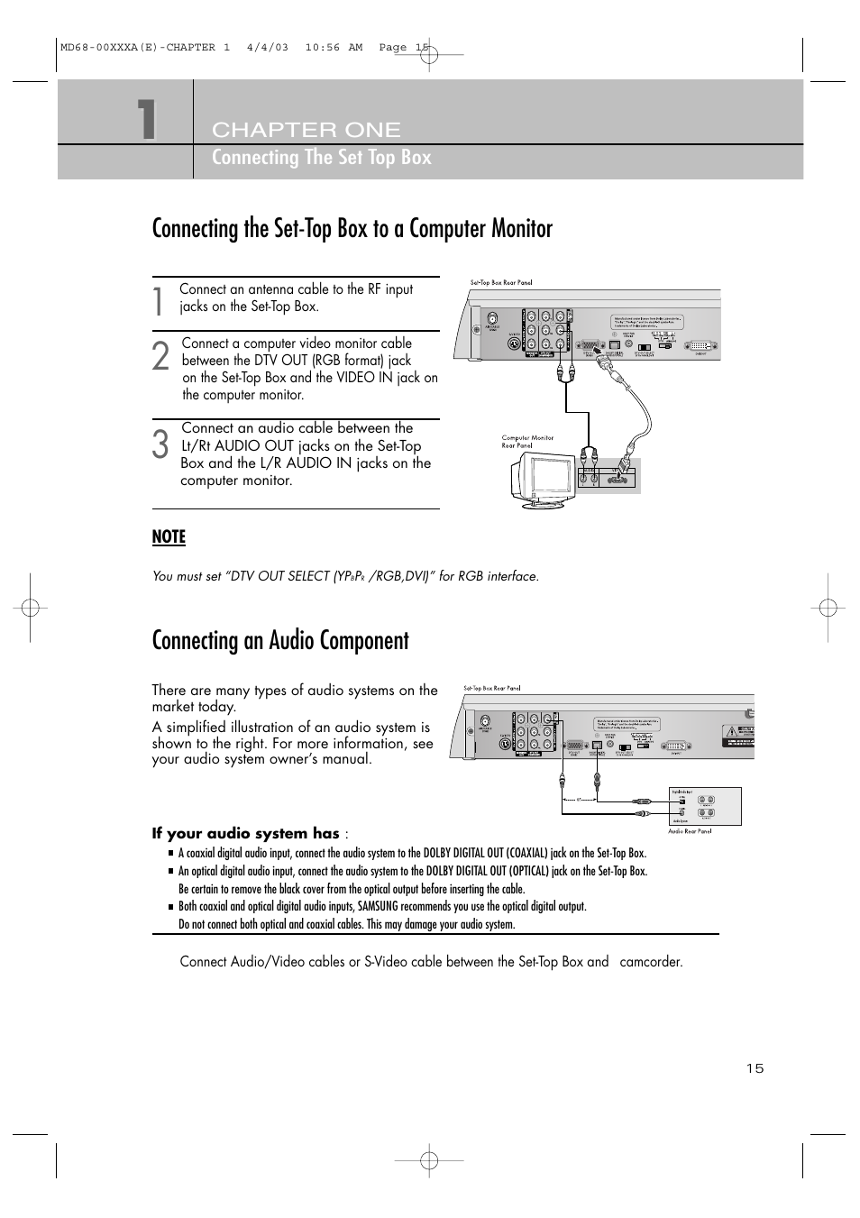 Connecting the set-top box to a computer monitor, Connecting an audio component | Samsung SIR-T351 User Manual | Page 15 / 51