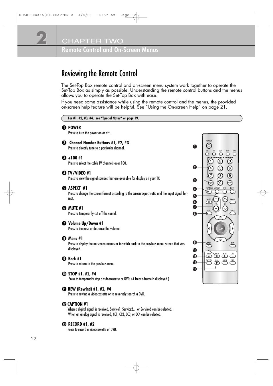 Reviewing the remote control, Chapter two remote control and on-screen menus | Samsung SIR-T351 User Manual | Page 17 / 51