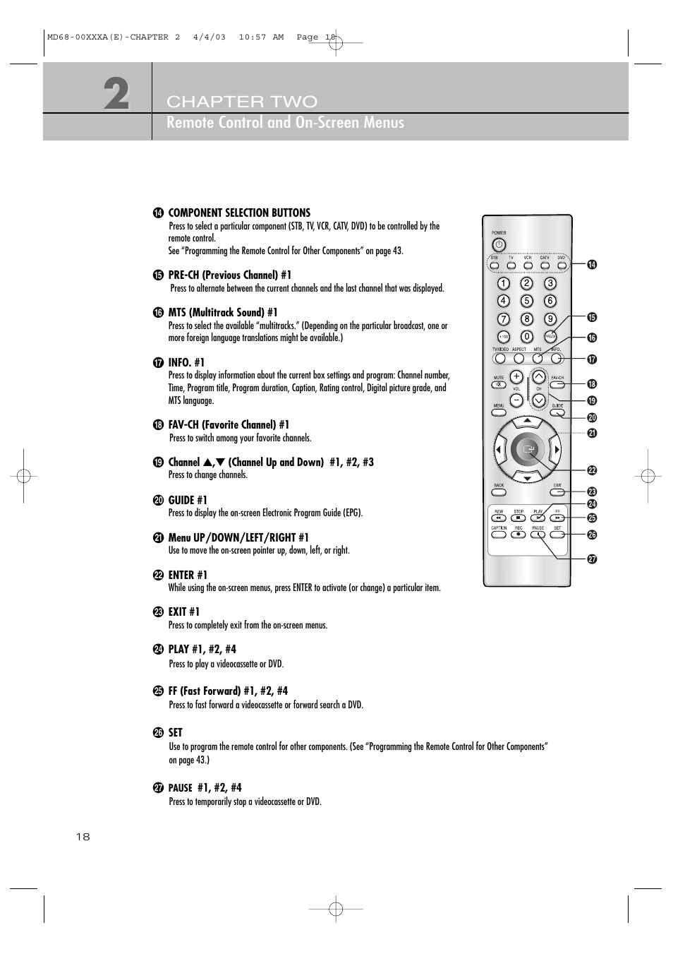 Chapter two remote control and on-screen menus | Samsung SIR-T351 User Manual | Page 18 / 51