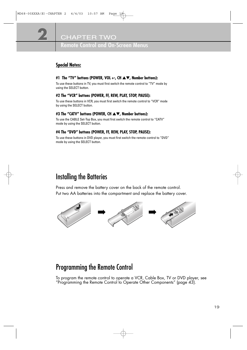 Installing the batteries, Programming the remote control | Samsung SIR-T351 User Manual | Page 19 / 51