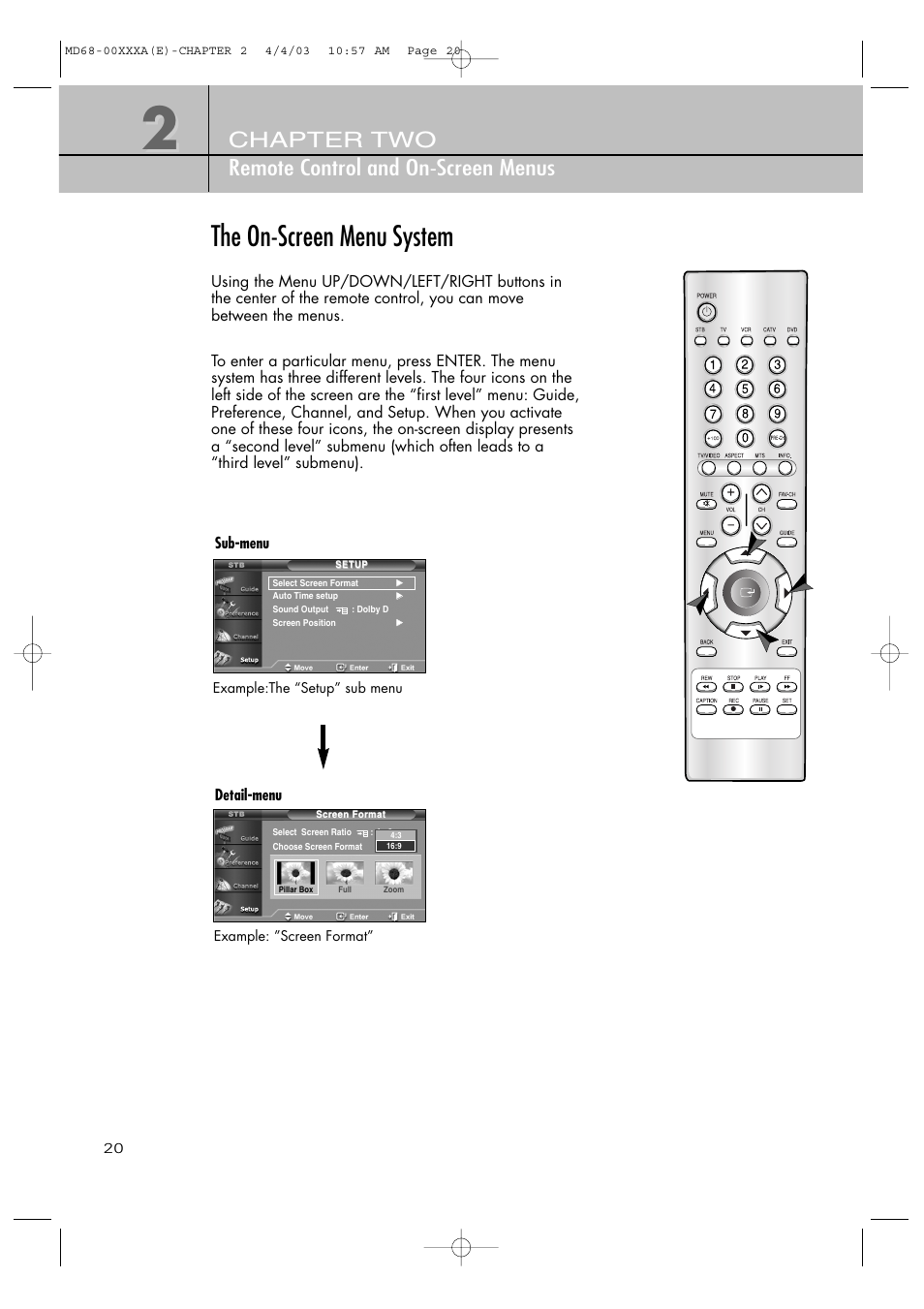 The on-screen menu system, Chapter two remote control and on-screen menus | Samsung SIR-T351 User Manual | Page 20 / 51