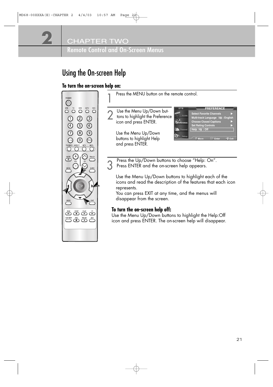 Using the on-screen help, Chapter two remote control and on-screen menus | Samsung SIR-T351 User Manual | Page 21 / 51