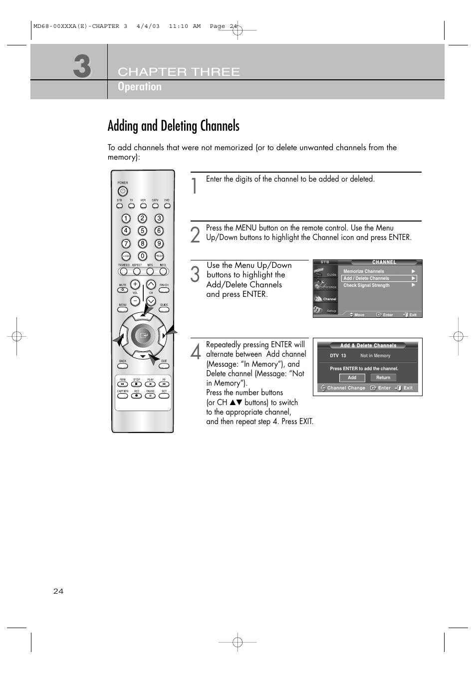 Adding and deleting channels, Chapter three operation | Samsung SIR-T351 User Manual | Page 24 / 51