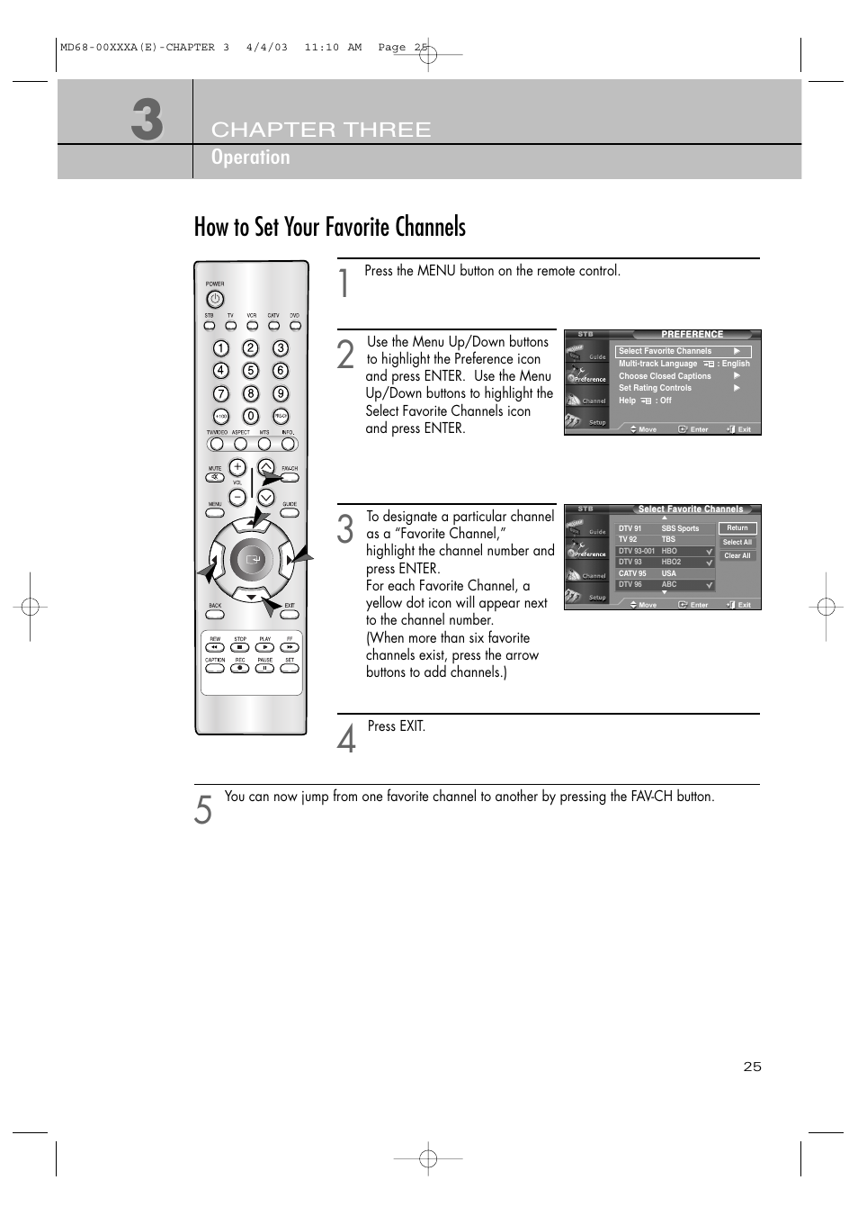 How to set your favorite channels, Chapter three operation | Samsung SIR-T351 User Manual | Page 25 / 51