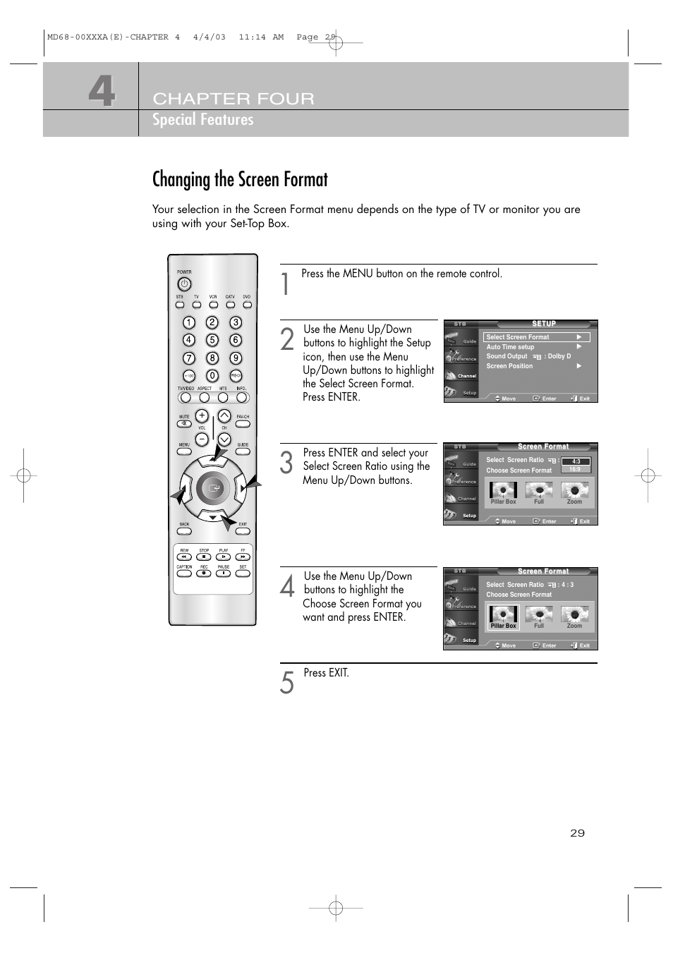 Changing the screen format, Chapter four special features | Samsung SIR-T351 User Manual | Page 29 / 51