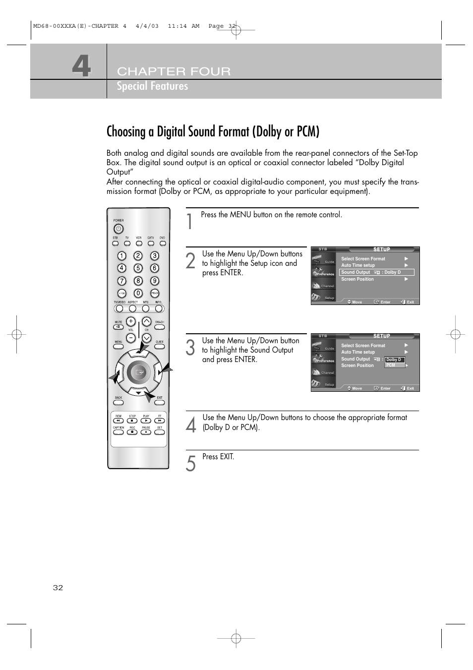 Choosing a digital sound format (dolby or pcm), Chapter four special features | Samsung SIR-T351 User Manual | Page 32 / 51