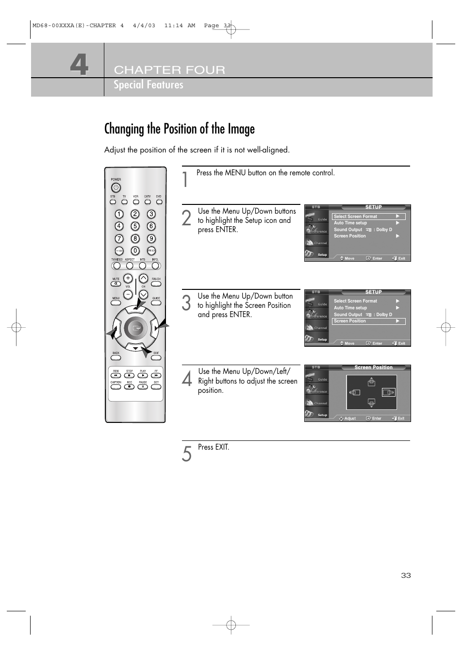Changing the position of the image, Chapter four special features | Samsung SIR-T351 User Manual | Page 33 / 51