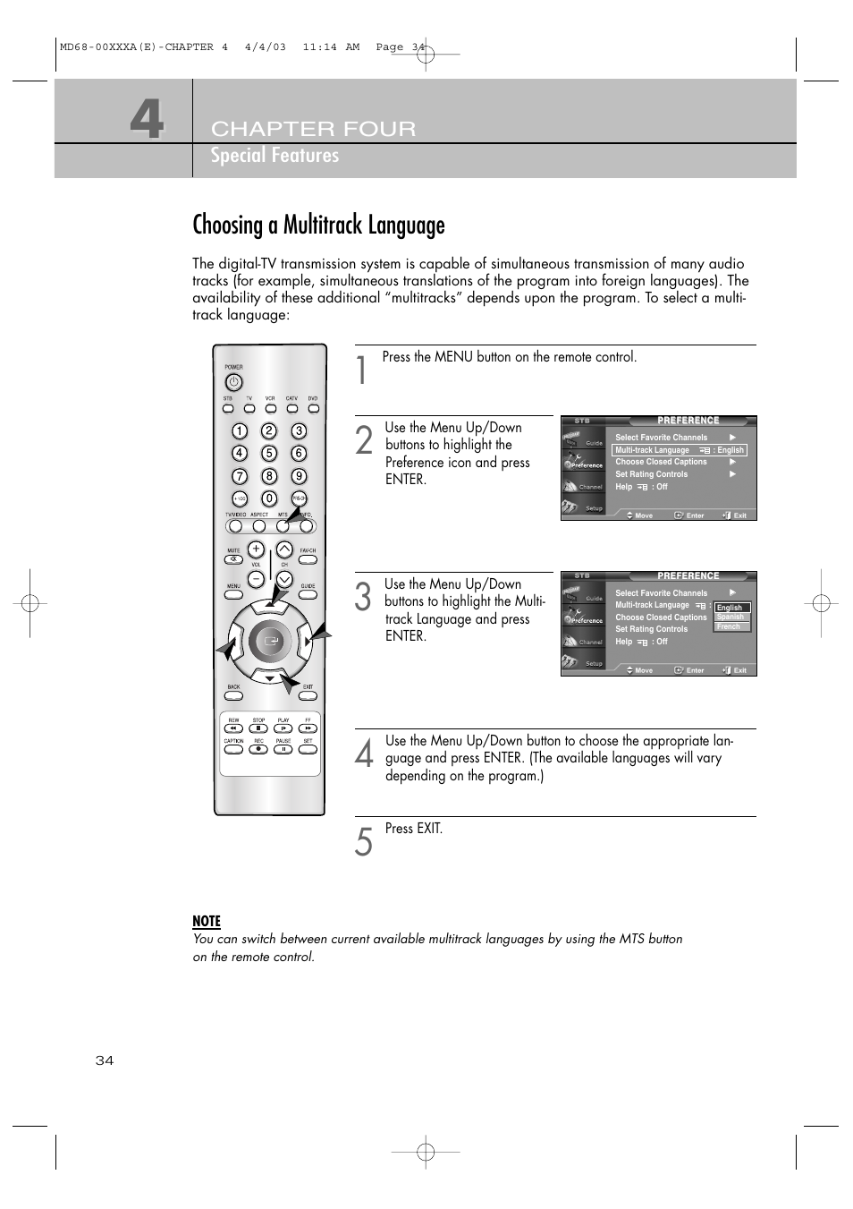 Choosing a multitrack language, Chapter four special features | Samsung SIR-T351 User Manual | Page 34 / 51