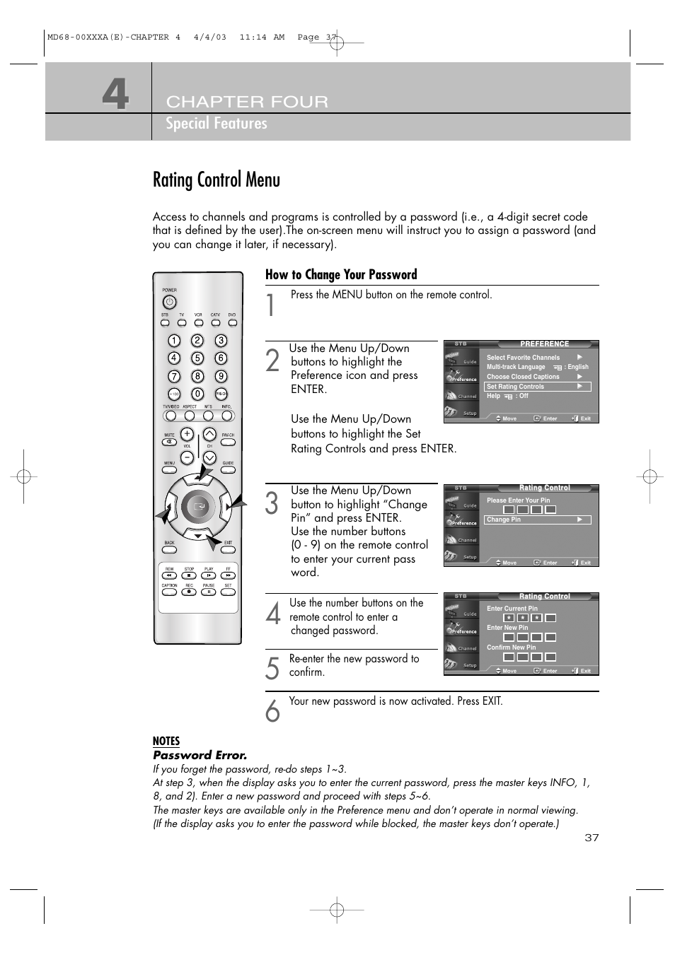 Rating control menu, Chapter four special features | Samsung SIR-T351 User Manual | Page 37 / 51