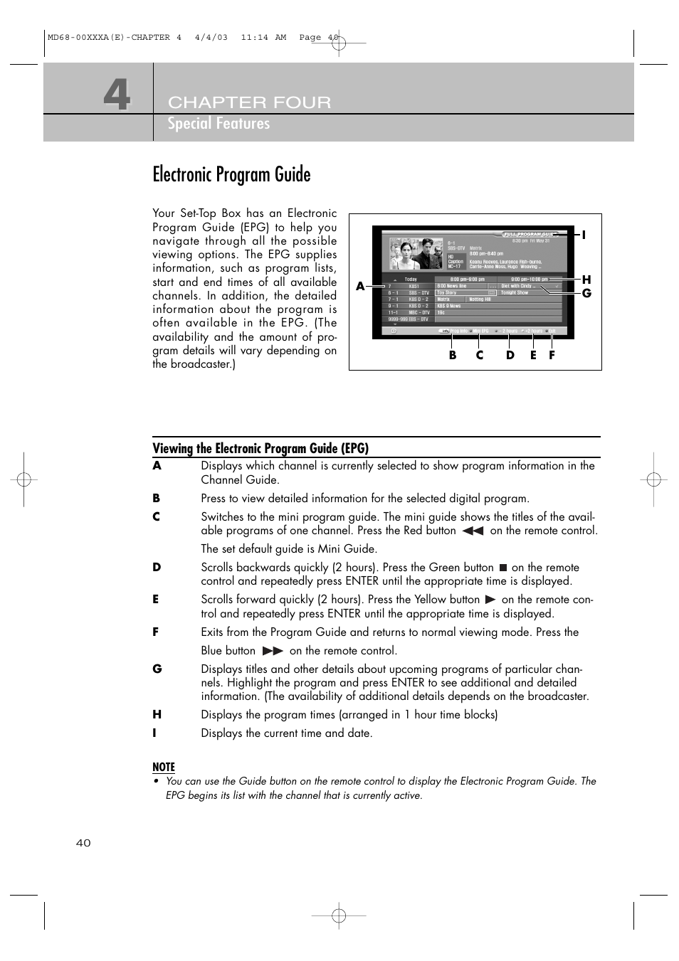 Electronic program guide, Chapter four special features | Samsung SIR-T351 User Manual | Page 40 / 51