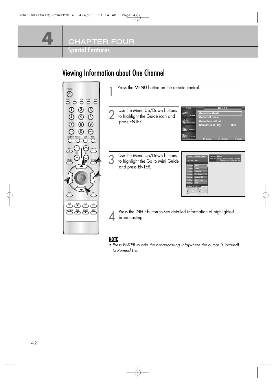 Viewing information about one channel | Samsung SIR-T351 User Manual | Page 42 / 51