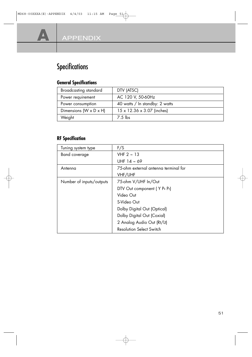 Specifications | Samsung SIR-T351 User Manual | Page 51 / 51