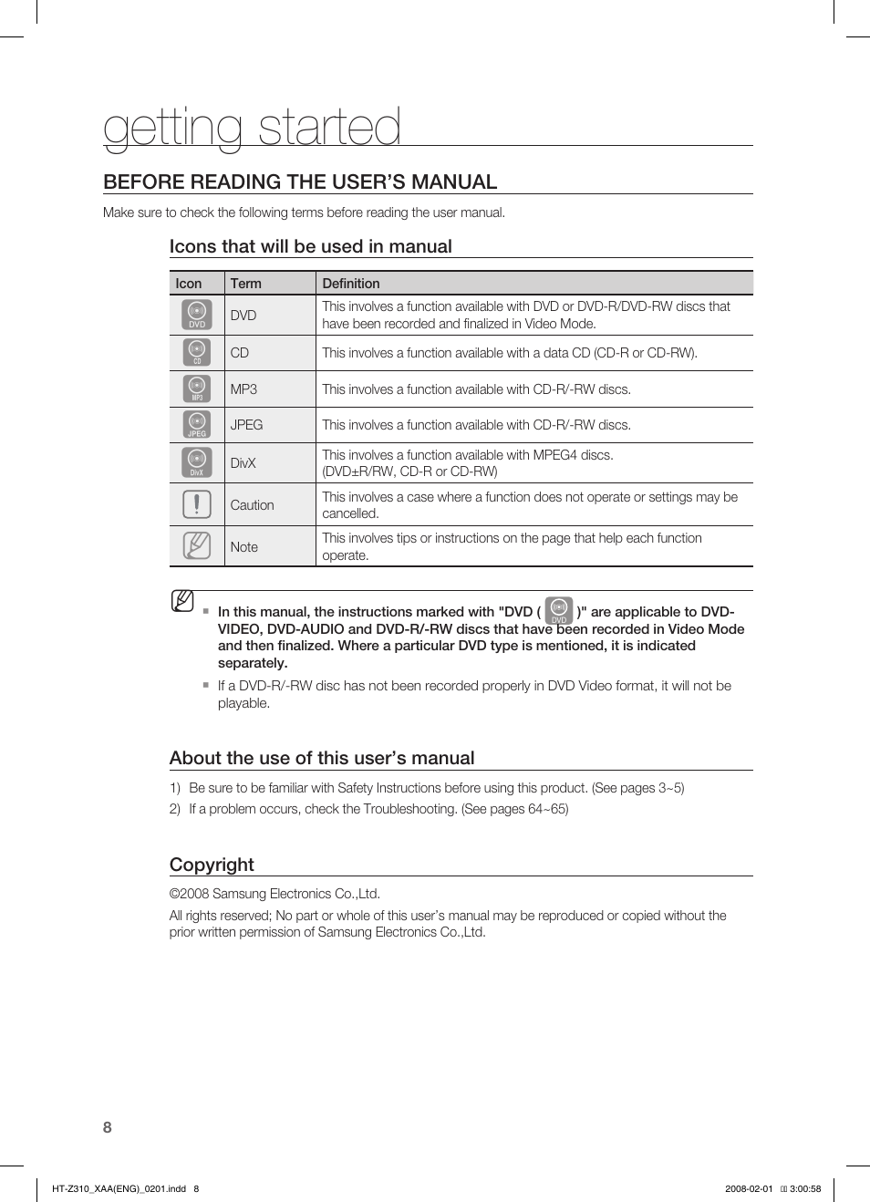 Getting started | Samsung HT-TZ312  EN User Manual | Page 10 / 73