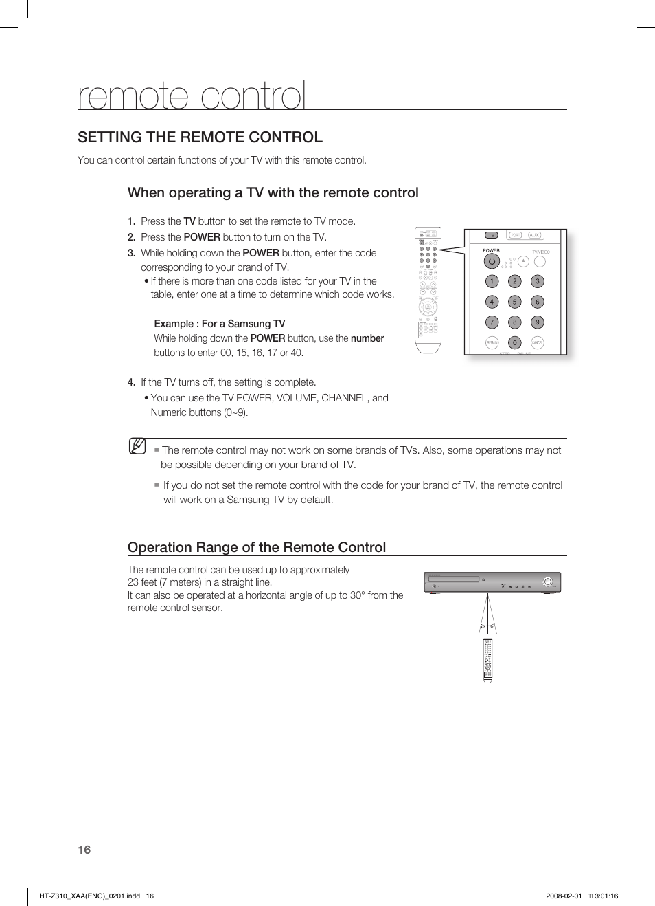Remote control, Setting the remote control | Samsung HT-TZ312  EN User Manual | Page 18 / 73