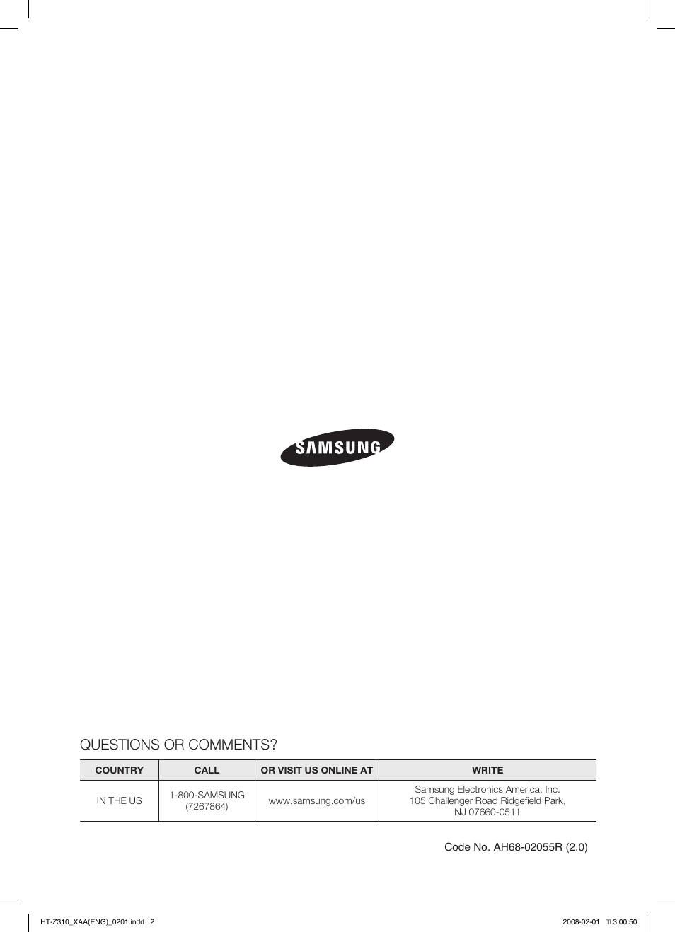 Questions or comments | Samsung HT-TZ312  EN User Manual | Page 2 / 73