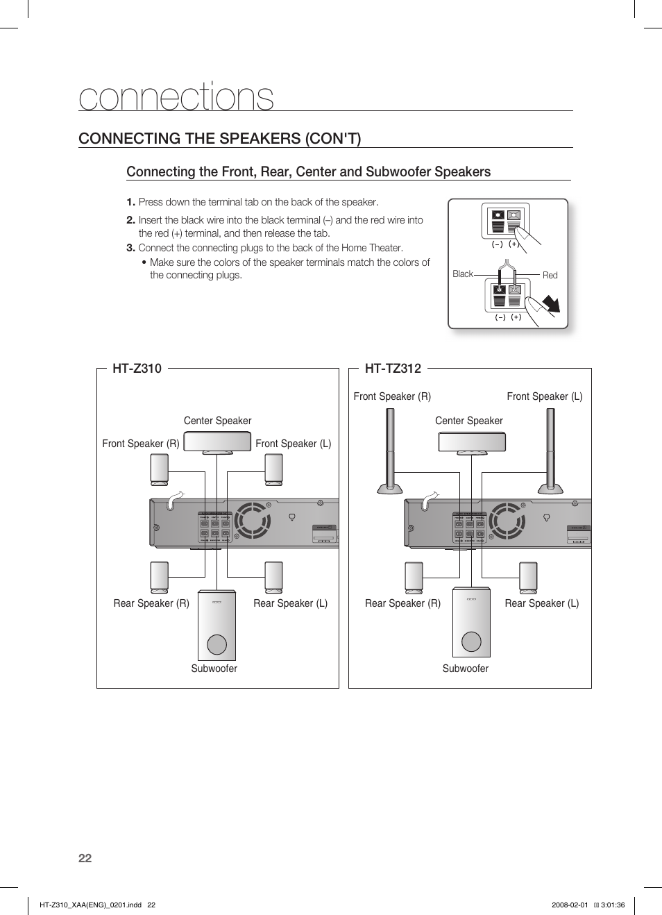 Connections, Connecting the speakers (con't) | Samsung HT-TZ312  EN User Manual | Page 24 / 73