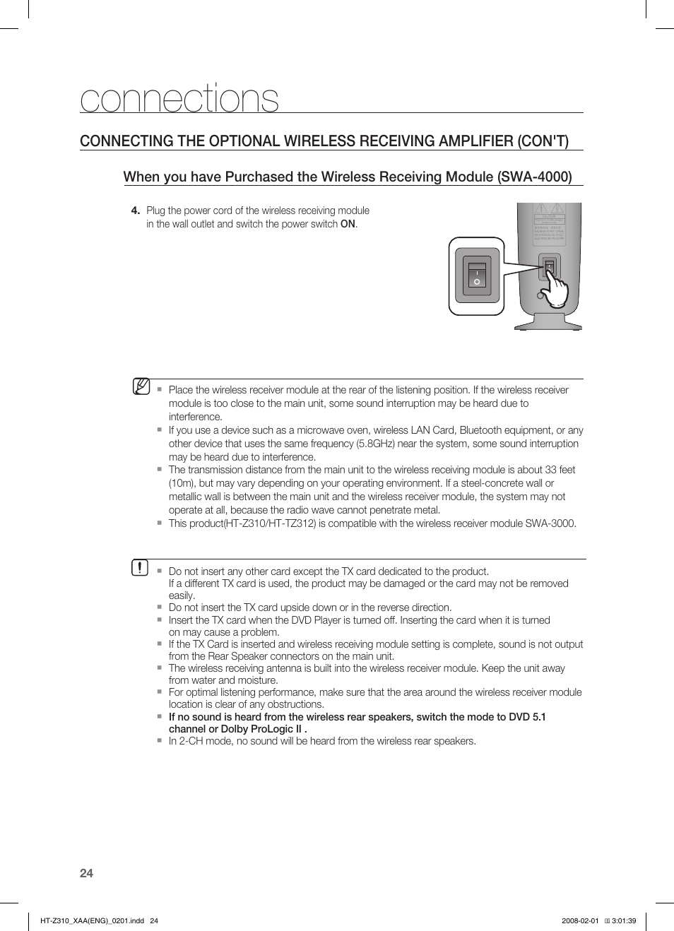 Connecting the video out to your tv, Connections | Samsung HT-TZ312  EN User Manual | Page 26 / 73