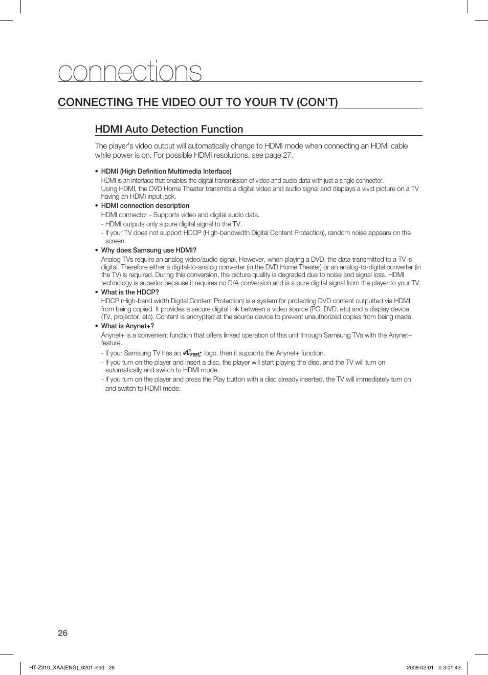 Hdmi function, Connections, Connecting the video out to your tv (con't) | Hdmi auto detection function | Samsung HT-TZ312  EN User Manual | Page 28 / 73