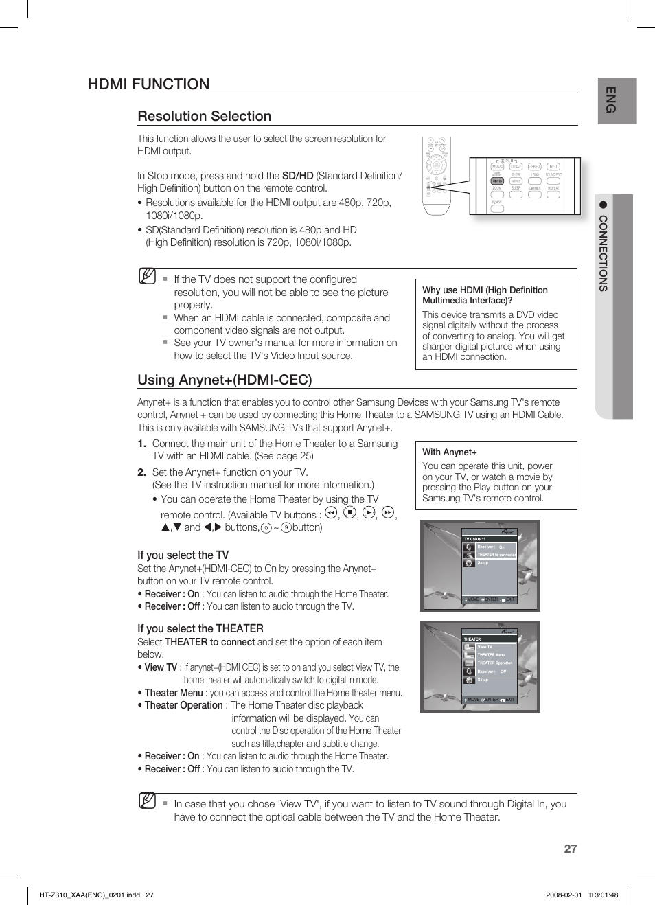 Hdmi function, Resolution selection, Using anynet+(hdmi-cec) | If you select the tv, If you select the theater | Samsung HT-TZ312  EN User Manual | Page 29 / 73