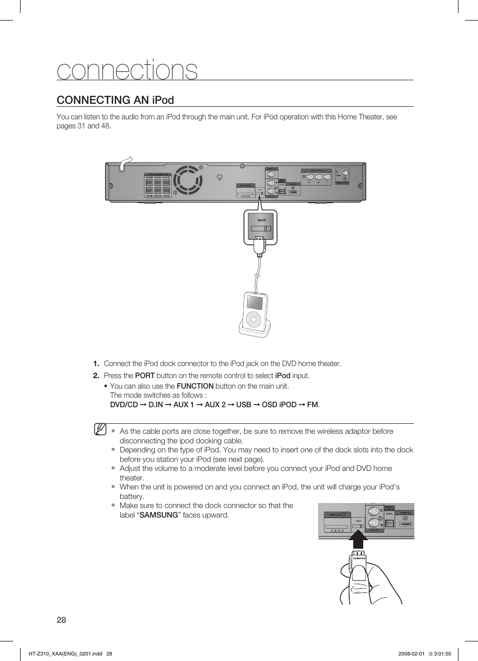 Connecting an ipod, Connections | Samsung HT-TZ312  EN User Manual | Page 30 / 73